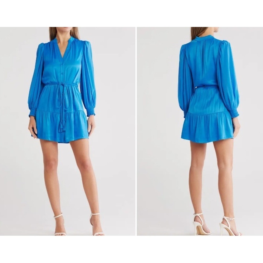 Alice + Olivia Antonette Mini Dress Womens 6 Blue Chiffon Puff Sleeve Smocked‎